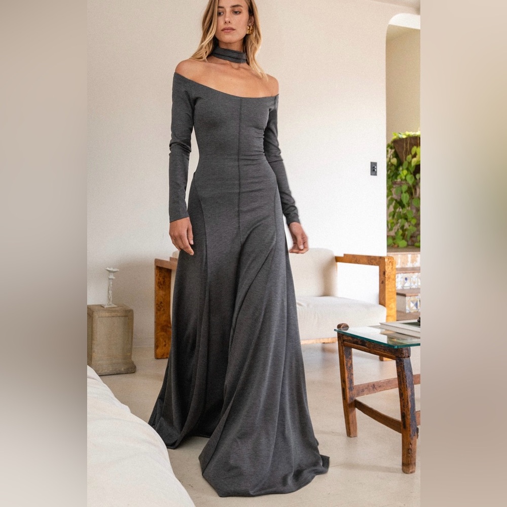 Charcoal Gray Long Sleeve Off-Shoulder Sheath Dress for Wedding Guest